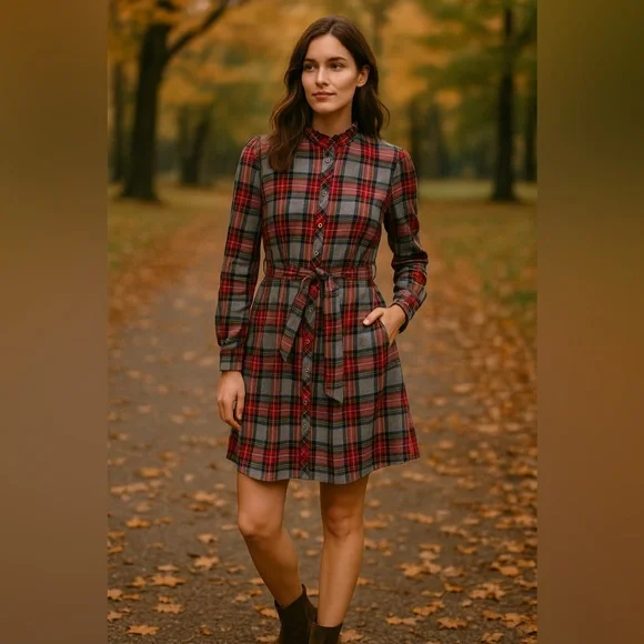 UNTUCKit Harrison Plaid Flannel Shirtdress Red Grey Tartan Belted Pockets Size S - Picture 1 of 12